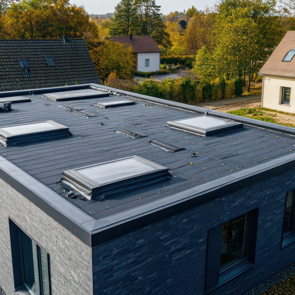 Flat roofing drainage solutions, featuring a flat rooftop with innovative drainage systems to prevent water buildup
